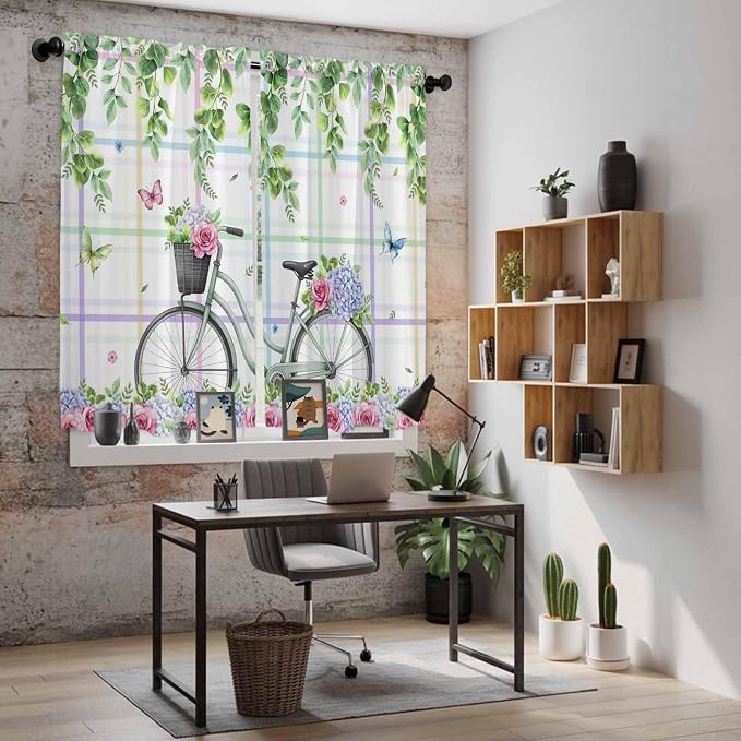 Spring Kitchen Curtains, Bicycles Botanical Leaves Rose Colorful Stripes Light