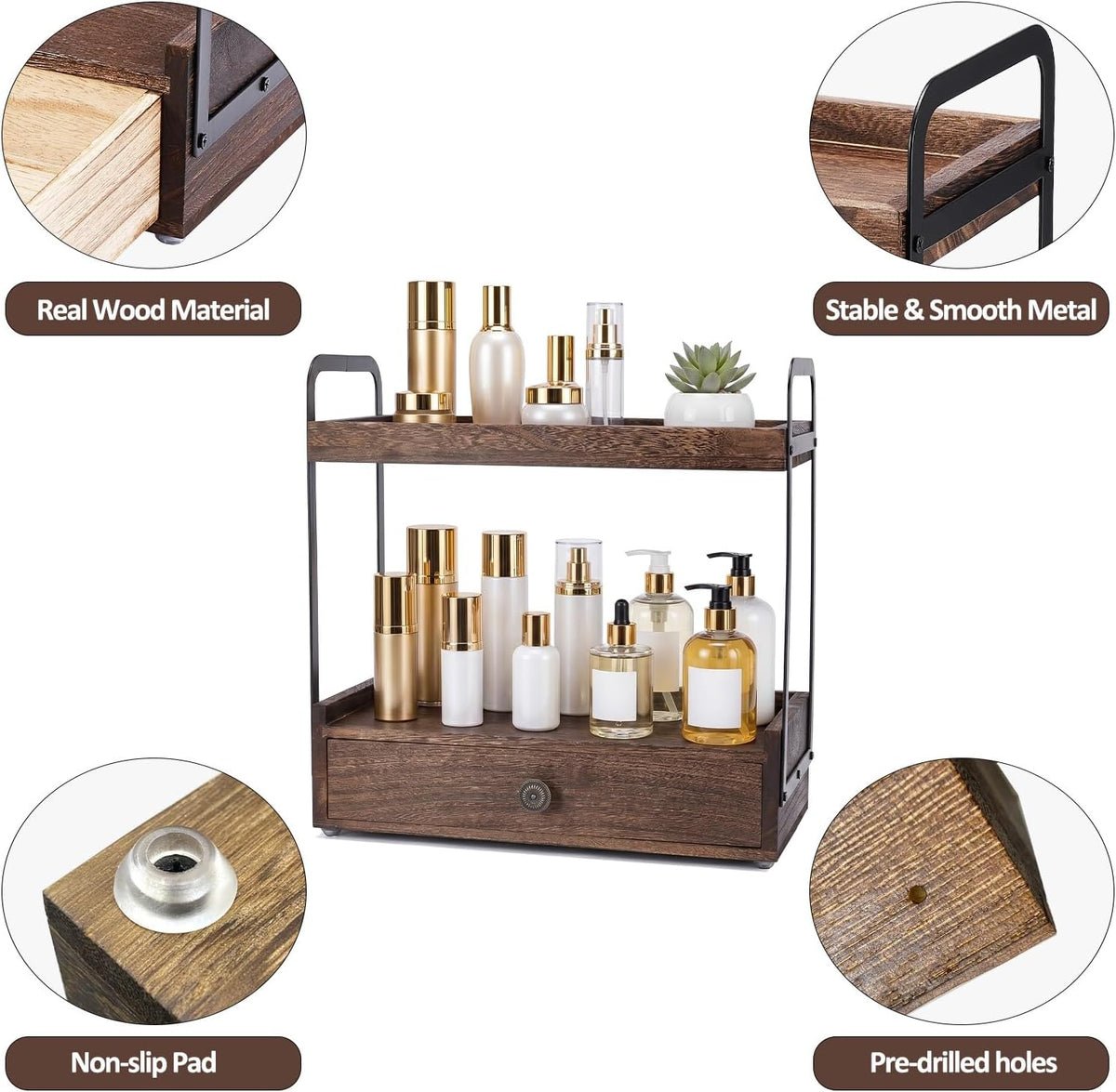 2-Tier Bathroom Counter Organizer with Drawer, Wooden Vanity Countertop Organizer for Makeup Perfume Cosmetics Skincare, Counter Shelf for Bathroom Kitchen Restroom