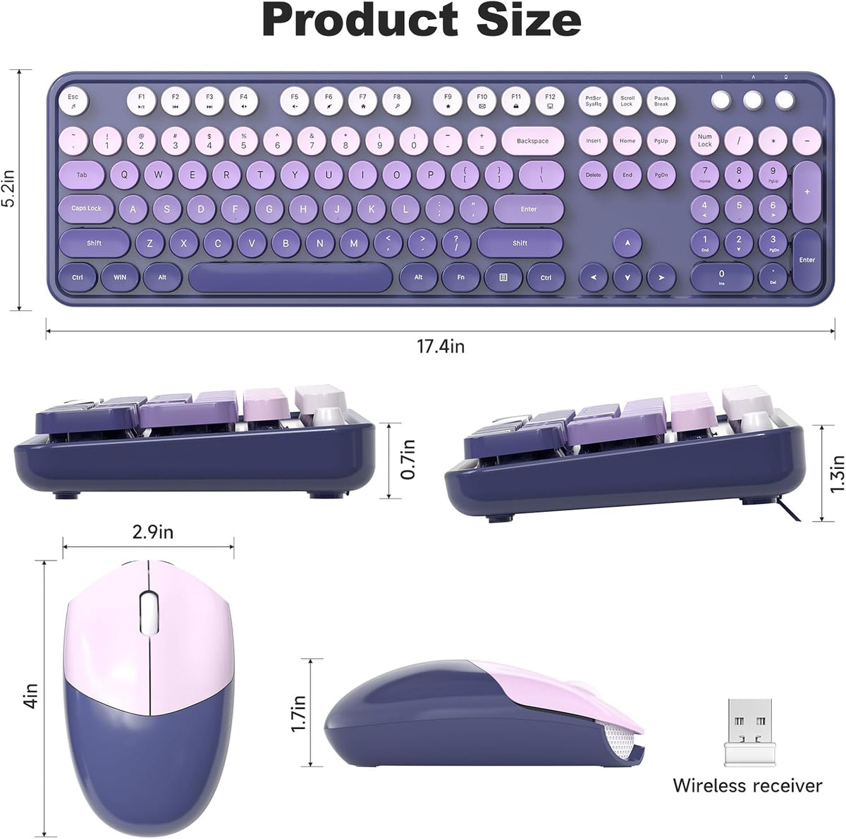 Wireless Keyboard and Mouse Combo, MOWUX Full Size Typewriter Retro Round Computer Keyboard, Cute Optical Mouse Wireless, Plug and Play, for Laptop, PC, Computer- Purple Gradient