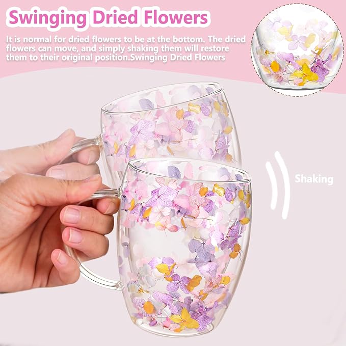 Double Wall Glass Coffee Mugs, Aesthetic Dried Flowers Cups