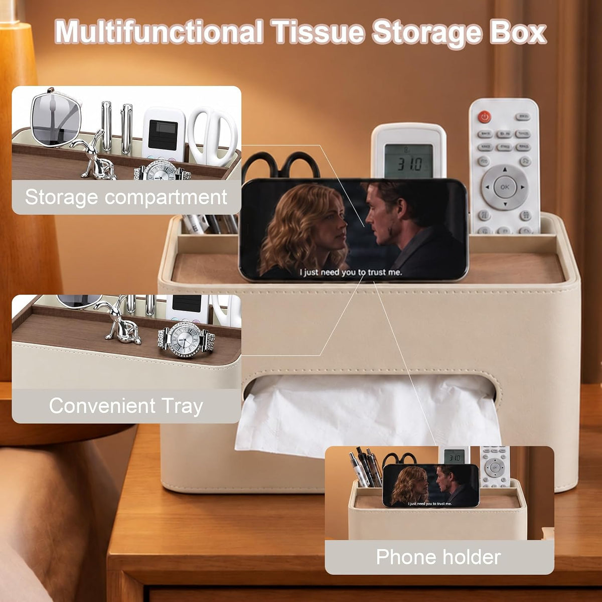 PU Leather Rectangle Tissue Box Cover with Storage Organizer, White