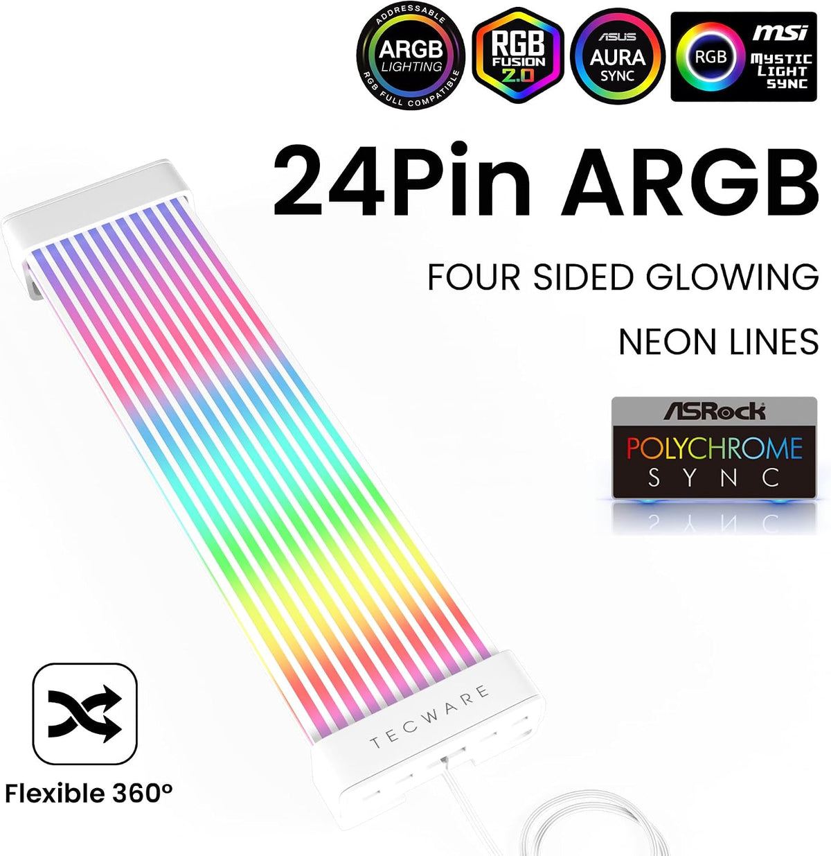 TECWARE Flex RGB Cable Cover Kit | Compatible with 24-Pin Motherboard and 8-Pin/16-Pin GPU | ARGB PSU Cable Extension with 5V 3-Pin Sync | RGB Lighting Kit for PC Cables | White