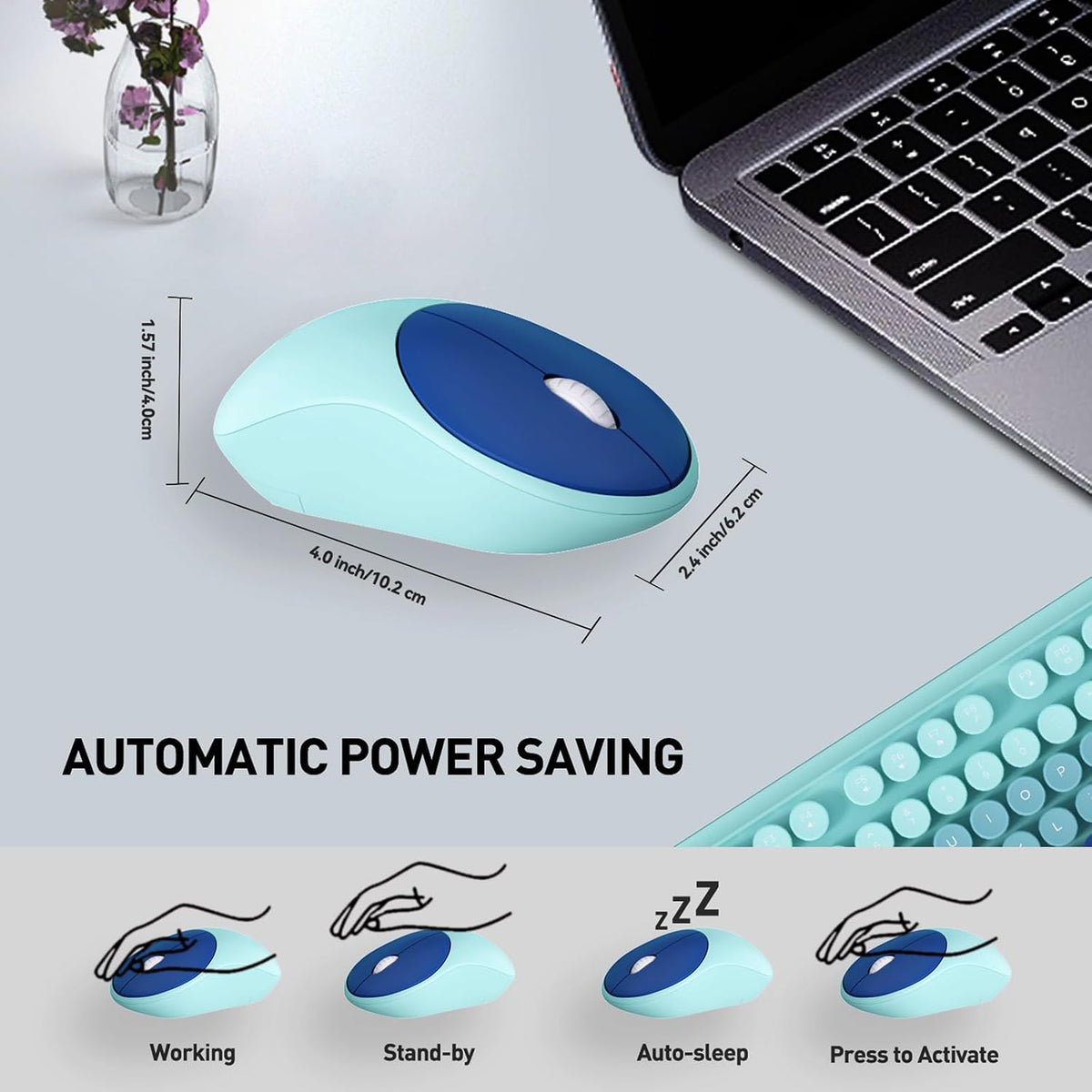 Teal Wireless Keyboard and Mouse Combo,Retro Bubble Round Key,for PC Laptop