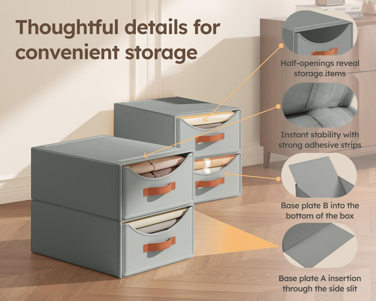 Homsorout Large Closet Organizers - Closet Storage Drawers for Clothes, Fabric Sotrage Bins with Handle, Collapsible Organizer Bins for Bedroom, Living Room, 4 Pack, Gray