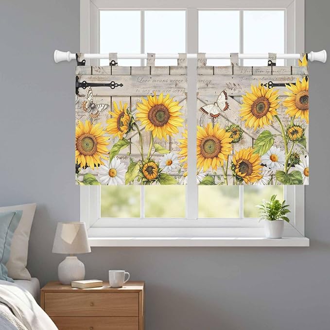 Farm Flowers Kitchen Curtains 24 Inch Length, Small Window Curtains Tab Top