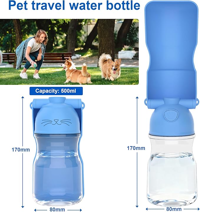 Dog Water Bottle, Portable Leak-Proof Water Dispenser with Drinking Bowl for Dogs and Cats, Travel Puppy Fountain Pet Water Bottle for Hiking Walking Outdoor(A012B-blue)