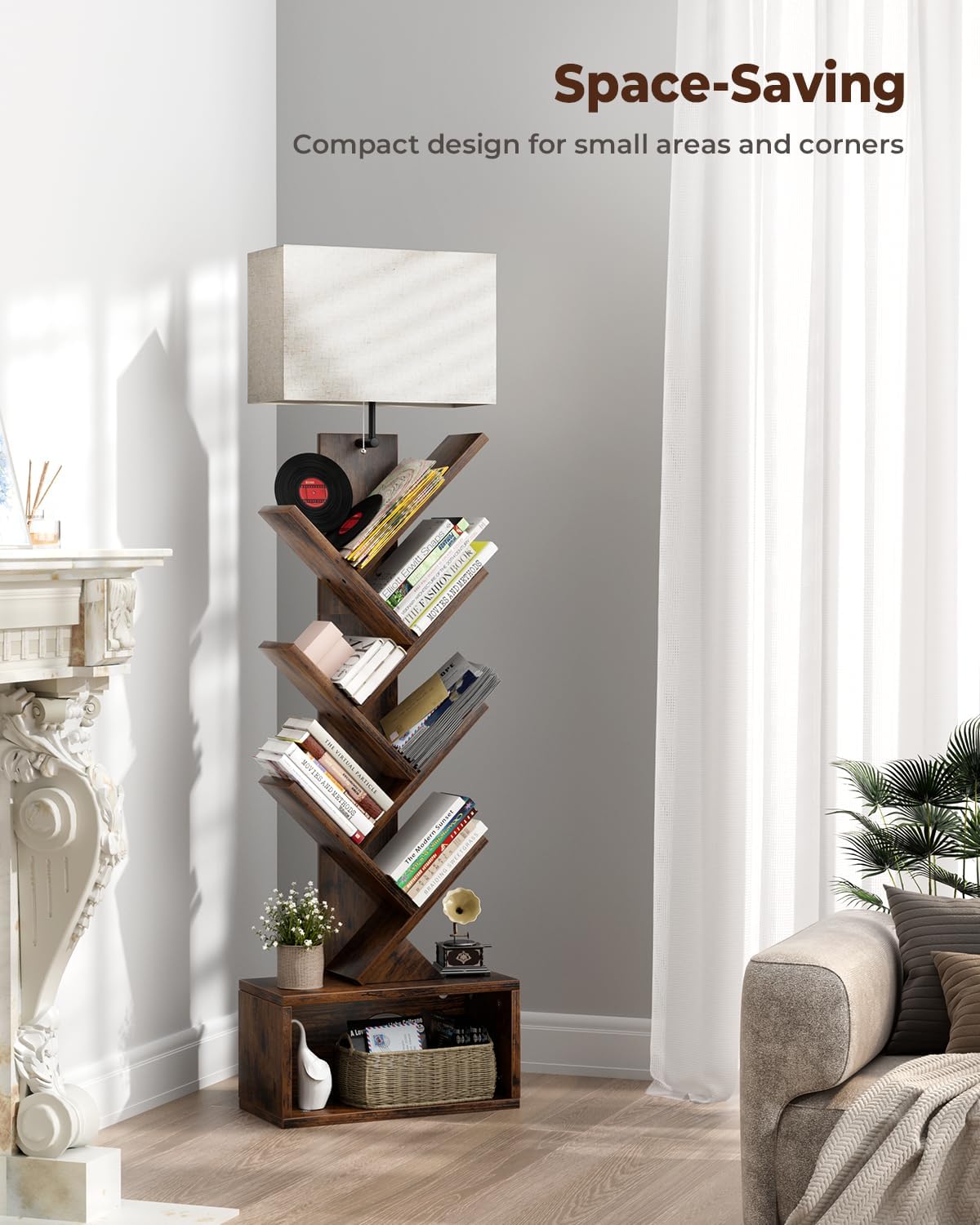 Evermagin 6 Tier Tree Bookshelf with Light, Bookcase, Rustic Brown