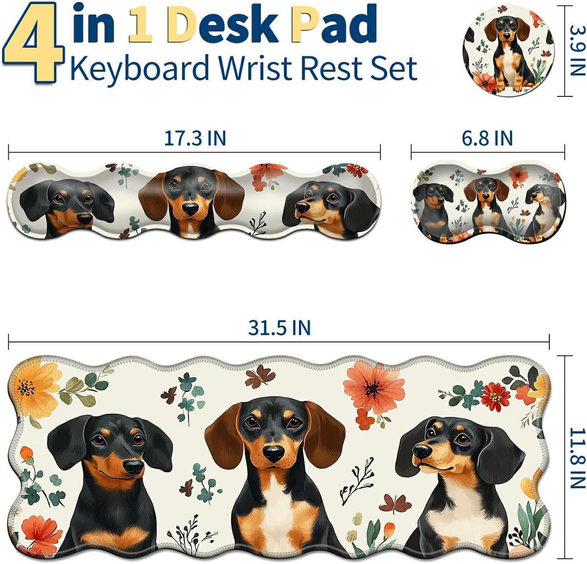 Keyboard Mouse Pad Set,Dogs and Flowers