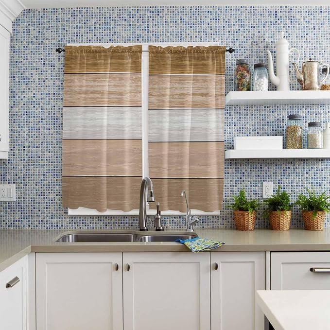 Retro Farm Wood Board Window Valance Curtains, 2 Panel