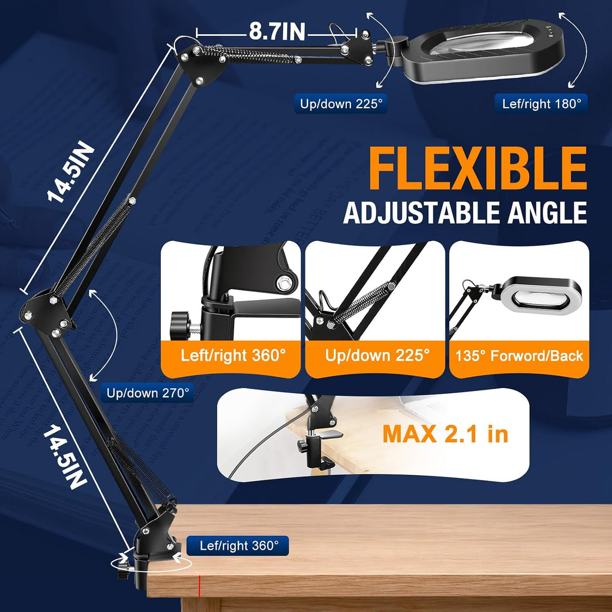 Magnifying Lamp with Light 12X, 3-Section Arm LED Desk Clamp Lamp (Black)