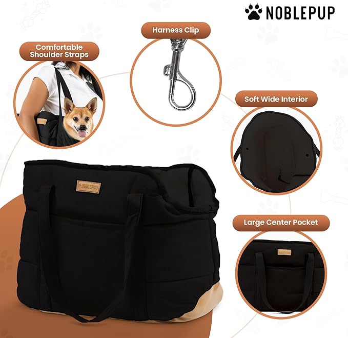 NoblePup Plush Dog Purse Carrier for Small Dogs, Soft Tote Bag with Safety Harness Clip, Cozy Pet Carrier for Dogs Under 15 lbs, Comfortable Shoulder Carrier for Travel, Black 2.0