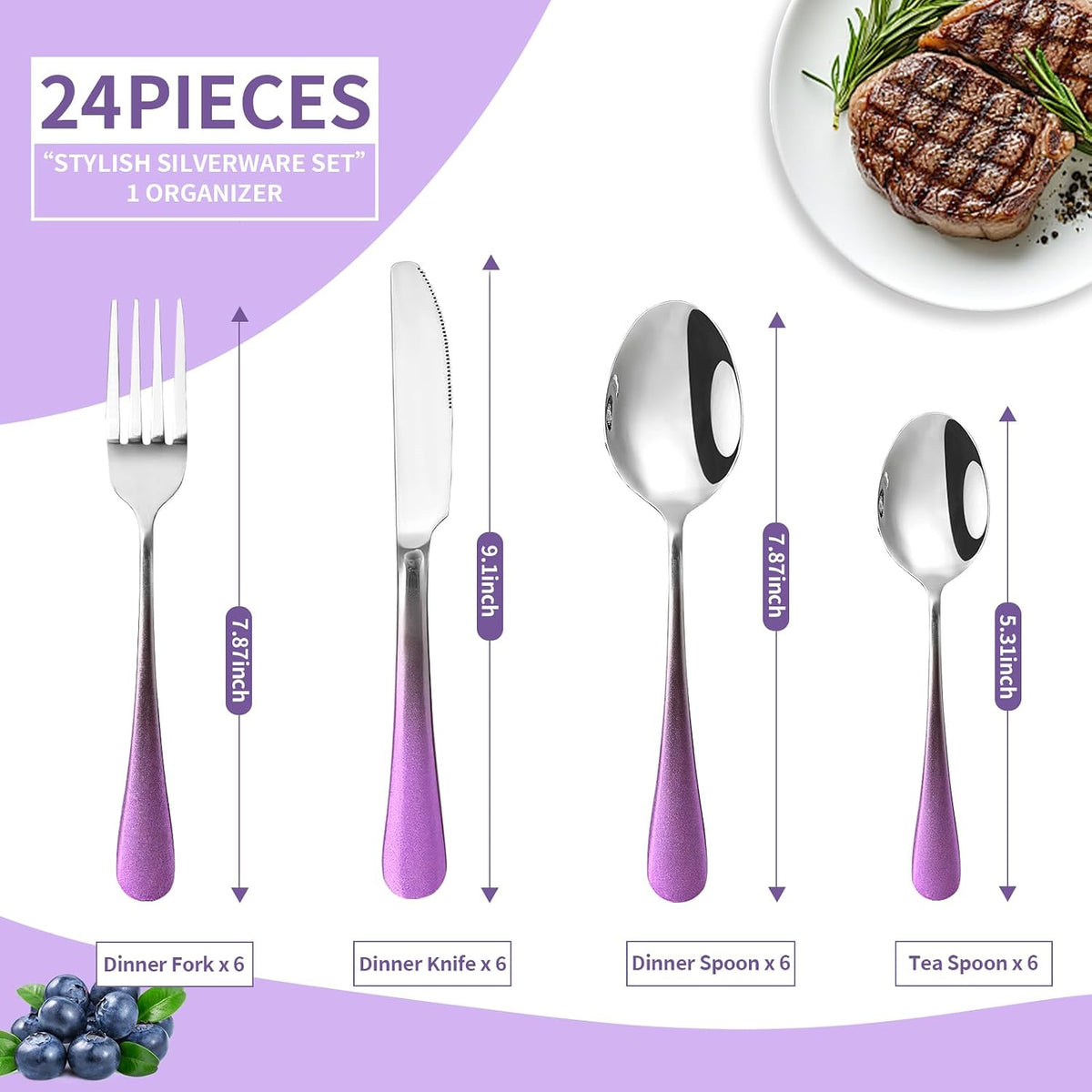 24-Piece Flatware Set with Organizer,Gradient Pink Gold Silverware Set for Family Dining Room,Cutlery Utensil Sets with Antiskid Handle, Mirror Polished (Purple Silver)