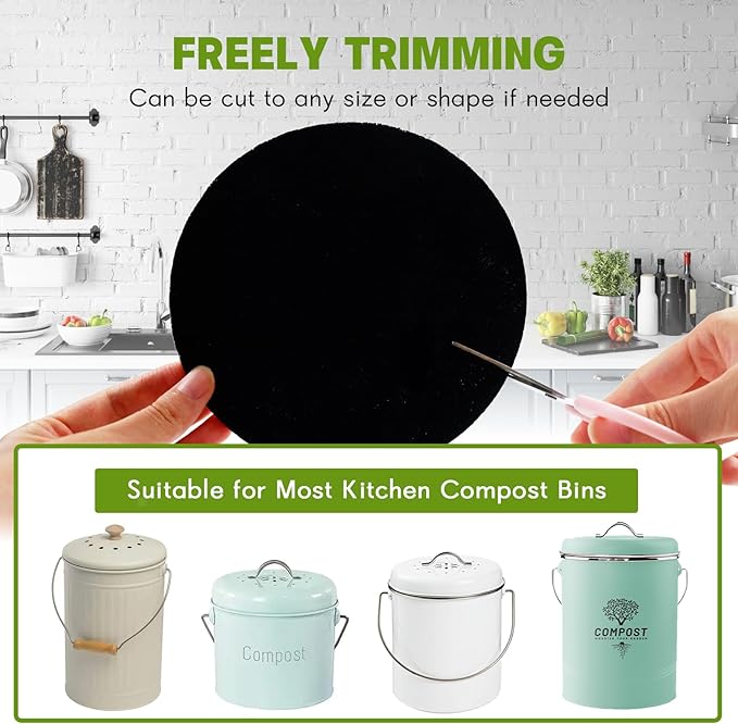 12 Pack - 6.7 Inch Round Compost Bin Charcoal Filters, Extra Thick Activated