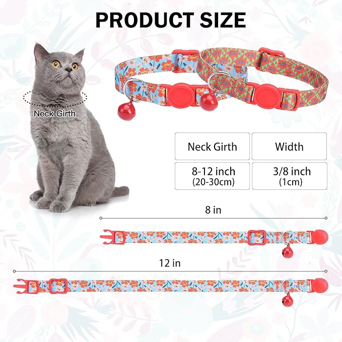 Breakaway Cat Collars for Girl Boy Cats, Fall Winter All Weather Cat Collar Personalized Pattern 2 Pack,Cute Classic Safety Buckles and Bells,Adjustable Printed Nylon Colorful Red