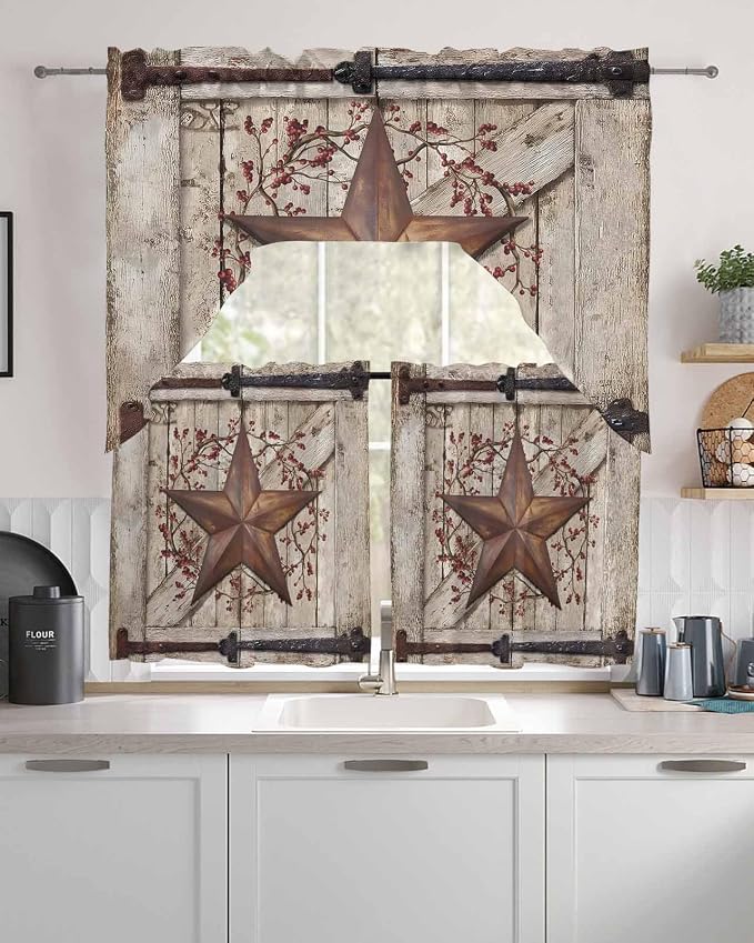 Country Star Swag Kitchen Curtains Valance and Tier Set, VintageRust Yellow