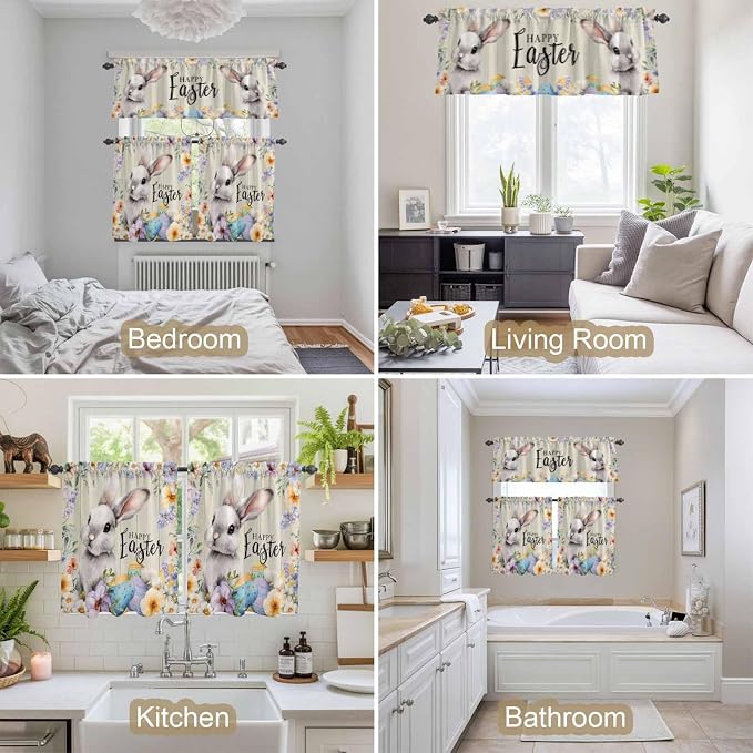 Easter Grey Bunny Kitchen Curtains Set 3 Piece