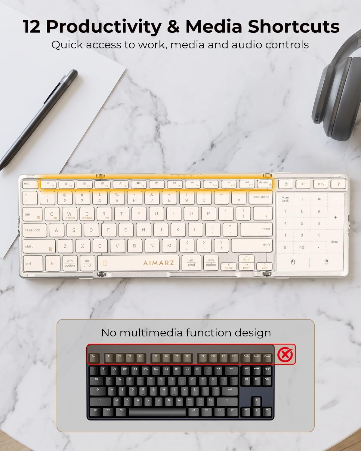 AIMARZ AF01 Foldable Keyboard, Full-Size Keys, Touchpad/Number Pad, White