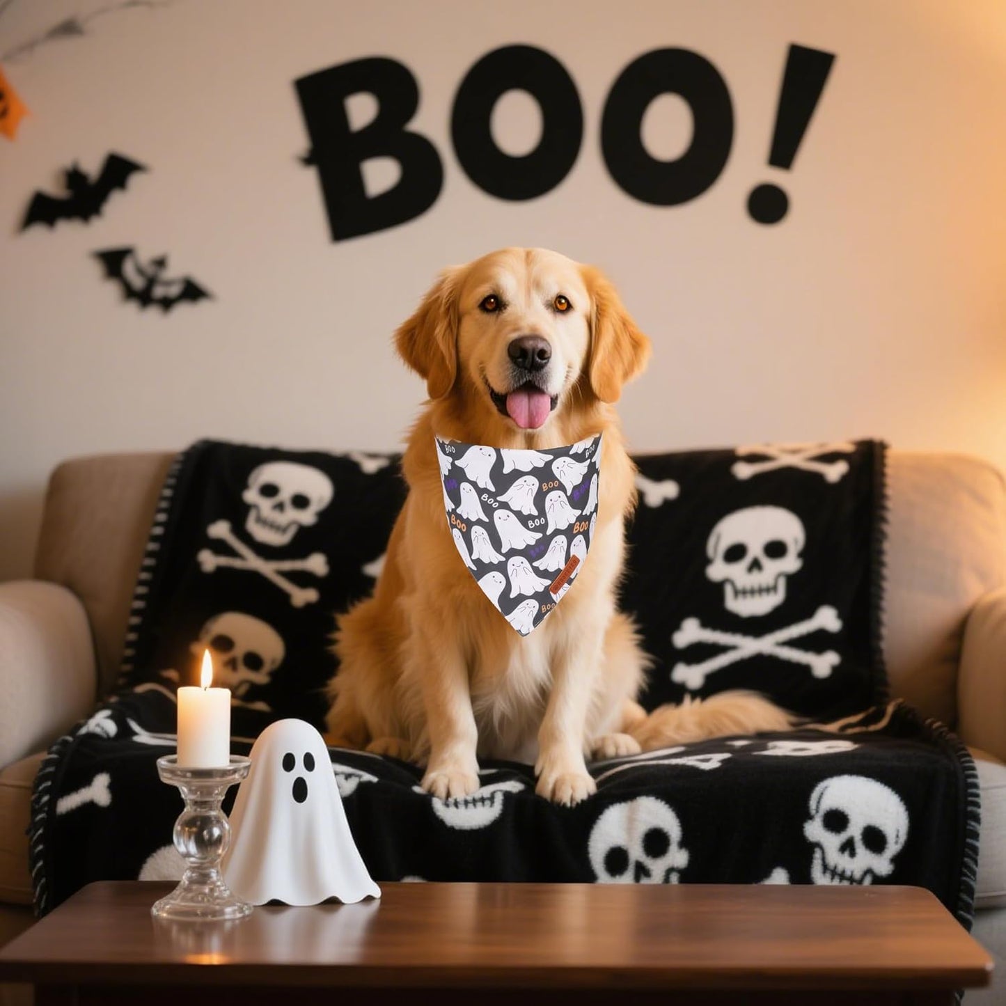 ADOGGYGO Halloween Dog Bandanas, Ghost Pumpkin Witch Scarf, Multi Size, Black Orange Halloween Bandanas for Extra Large Dogs Pets (X-Large)