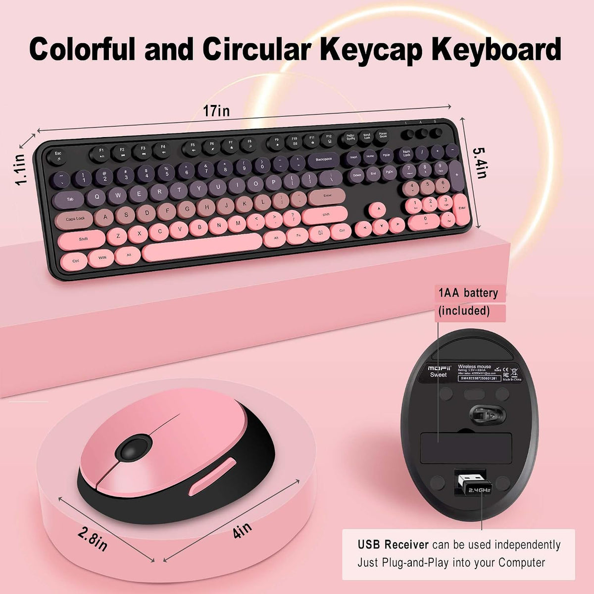Kootop Cute Typewriter Wireless Keyboard and Mouse Combo Black and Pink