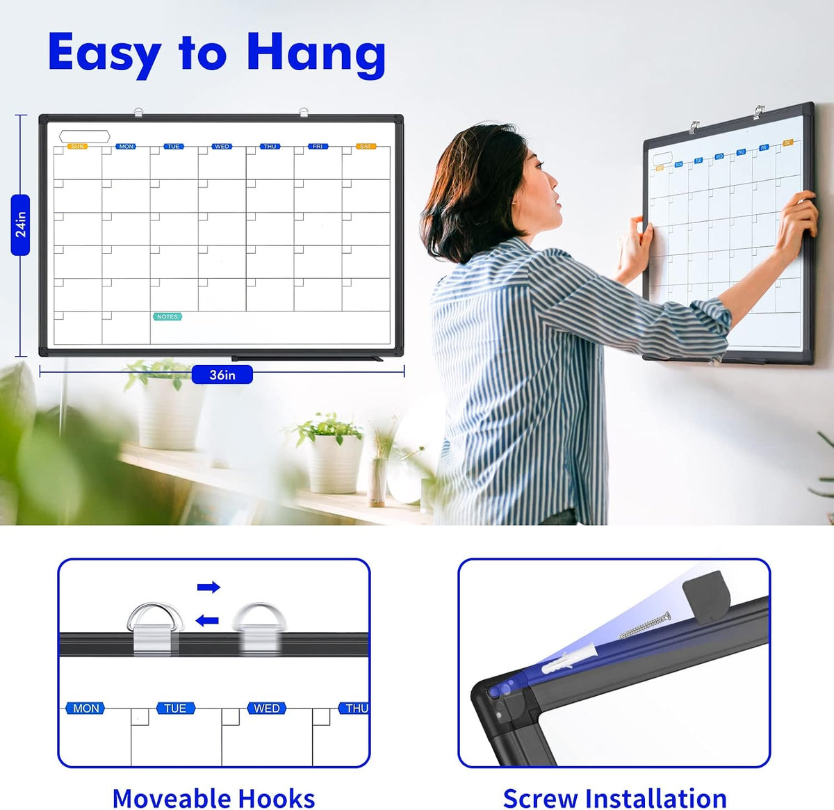 Magnetic Dry Erase Calendar Whiteboard 36" x 24" Aluminum Frame（Black）