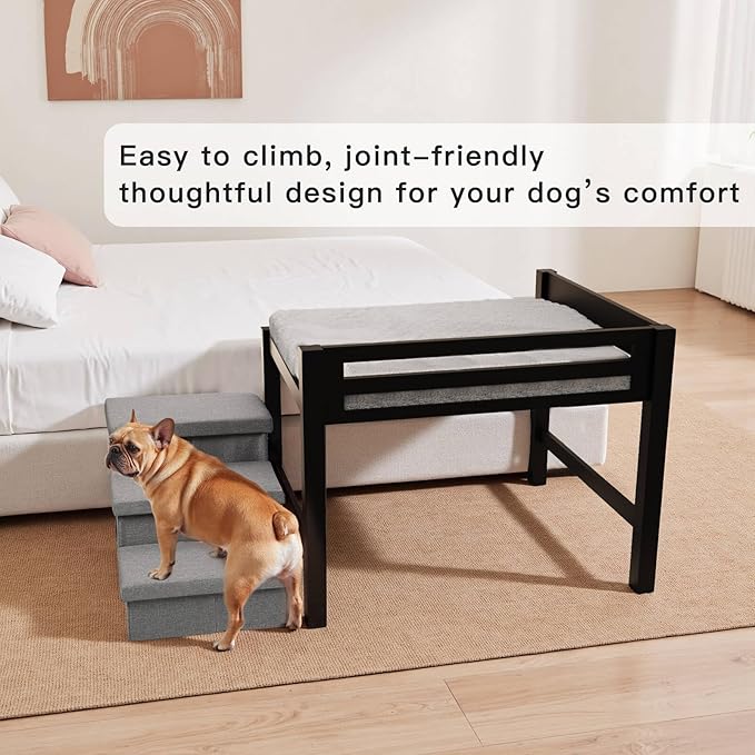 Bedside Dog Bed with Mattress - Raised Wooden Pet Cosleeper with Guardrail, Removable Mattress & 3-Step Foldable Stairs, Freestanding Bassinet-Style Elevated Dog Bed for Medium Sized Dogs