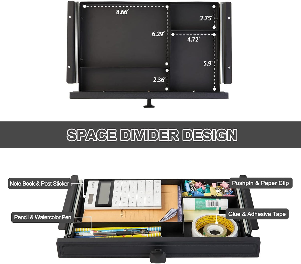 GOME Under Desk Slide out Pencil Drawer with Space Divider Design for Storing Pencil and Office Accessories, Underdesk Pull out Tray Organizer Mounted for Sit Stand Workstation