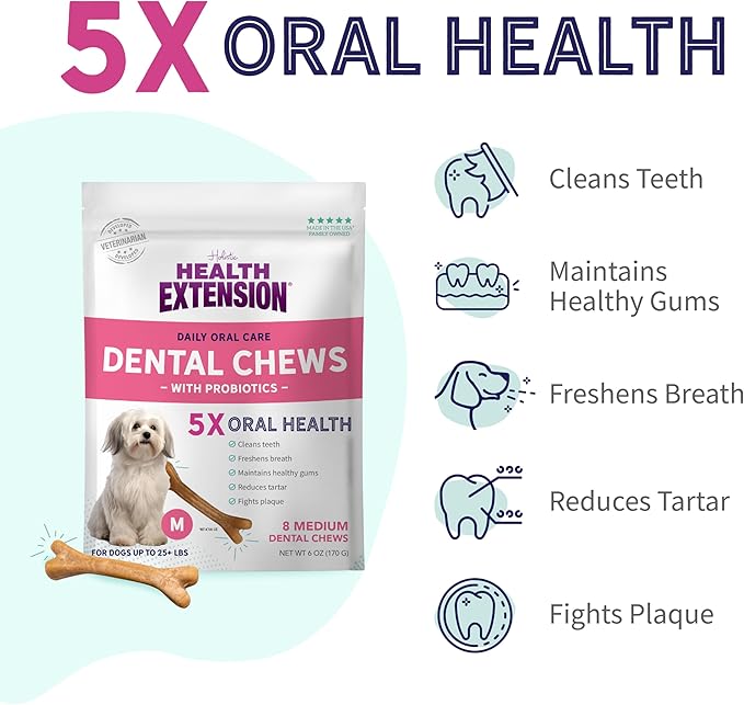 Health Extension Probiotic Dental Bones for Dogs, 8 Medium Bones – Supports Dental Health, Promotes Digestive Health, Ideal for Puppy Training (Pack of 2)