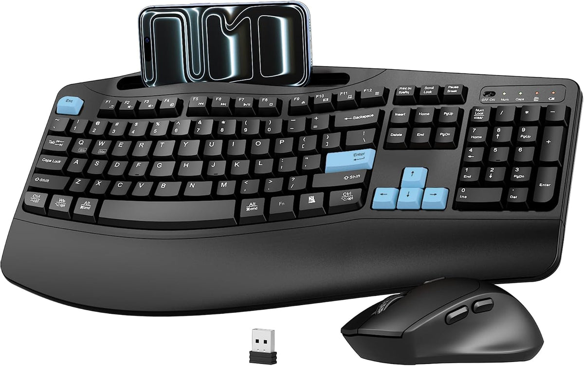 Wireless Keyboard and Mouse Combo, Full Size Ergonomic Wave Keys(Blue)