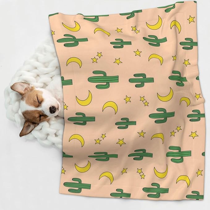 Double Sided Pet Mat for Dog Bed Topper Cat Blanket Furniture Protector, Cactuses Moon, Reversible Plush with Tactile Dot Pattern for Style Change