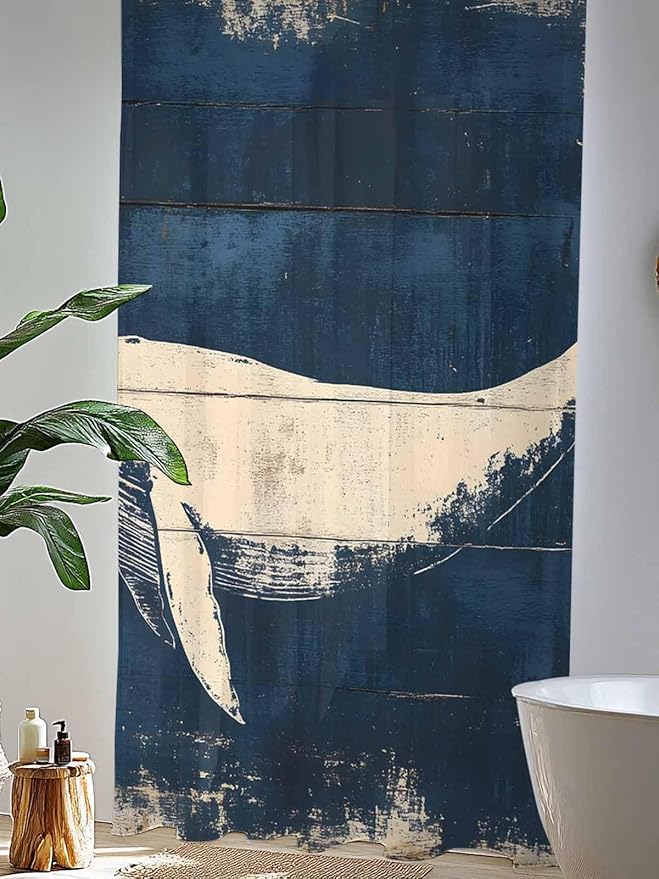 Sheer Curtains 108 Inches Long, Ocean Whale Blue Semi Sheer Curtains Light