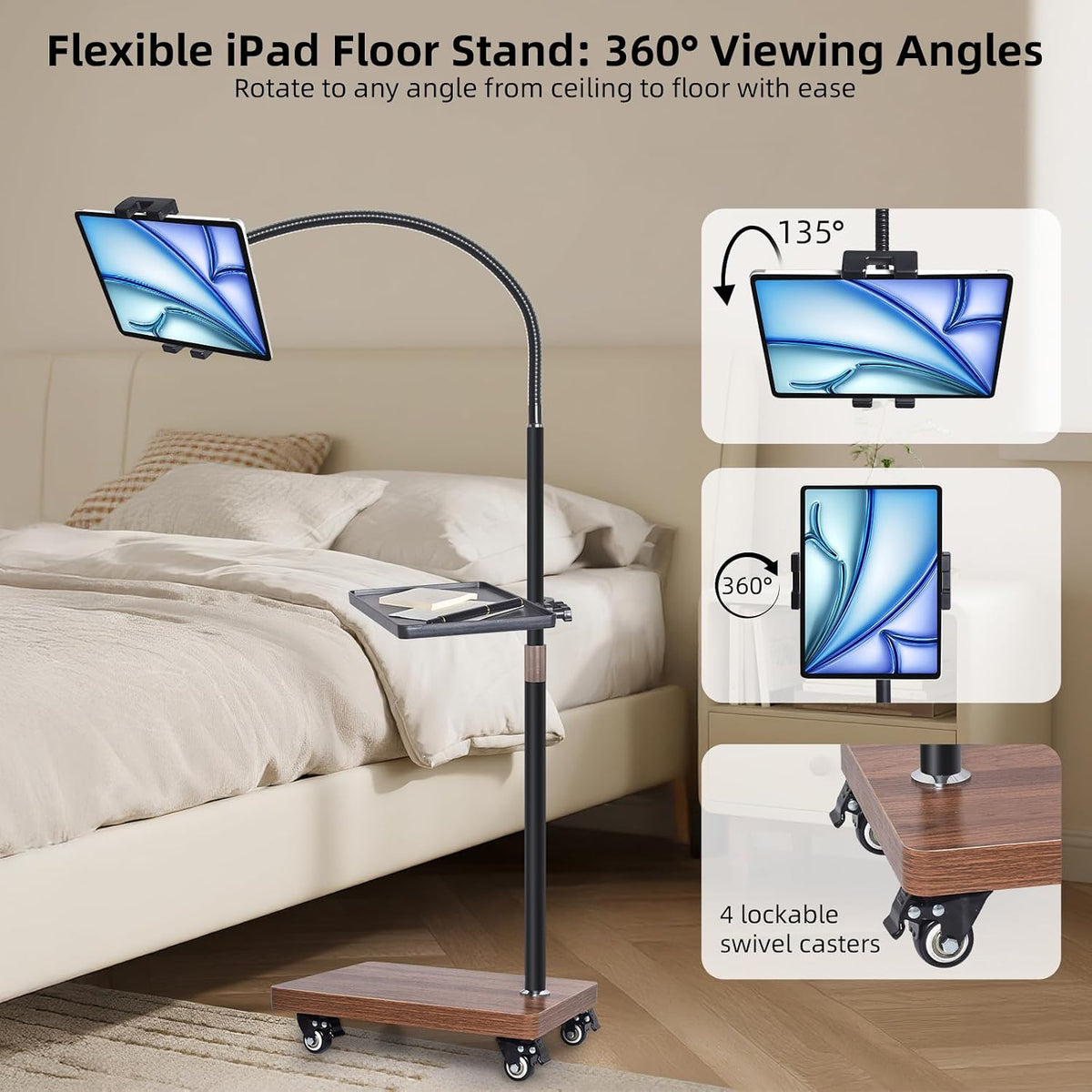 Rolling Tablet Holder Stand Adjustable Height & 360° Rotatable