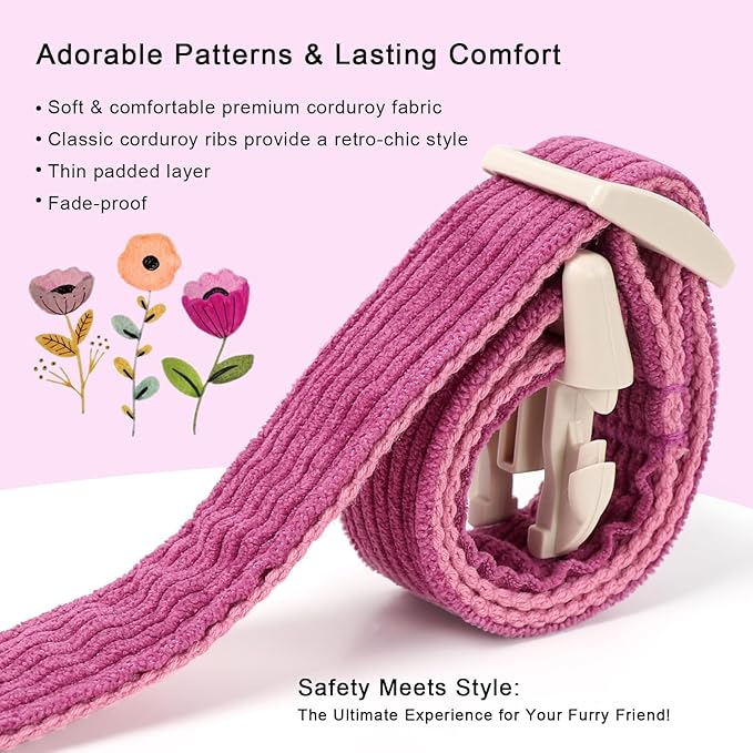Cute Corduroy Dog Collar - Fuchsia Adjustable Dog Collars for X-Small Dogs 4-10lbs, Fade-Proof with Secure Snap & Little Charm, Christmas Birthday Gift, XS