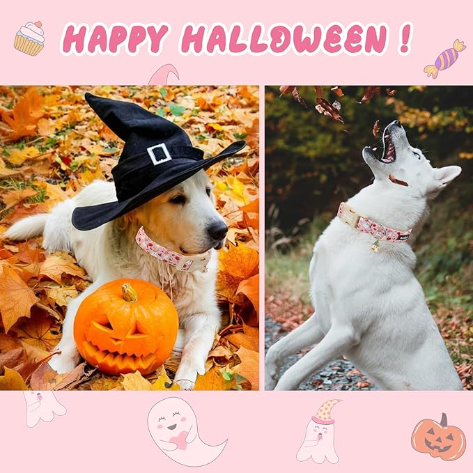Halloween Dog Collar, Fall Dog Collars for Large Dogs, Cute Pink Puppy Collar with Adorable Ghost & Pumpkin Design, Soft Cotton Large Dog Collars Girl Boy Dog Collar-L