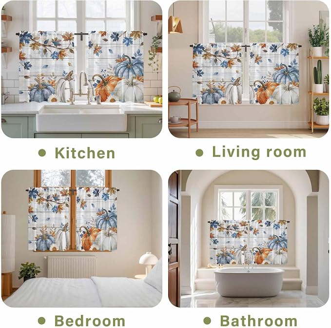Thanksgiving Pumpkin Kitchen Tier Curtains 45 Inch Long 2 Panel Set, Rod Pocket
