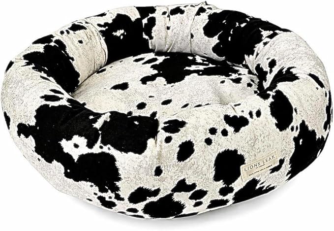 Organic Cotton Canvas Dog Bed: Removable Cover, Natural Fill - Made in USA (Cow Print Black White, X Small 18" x 6" inches)