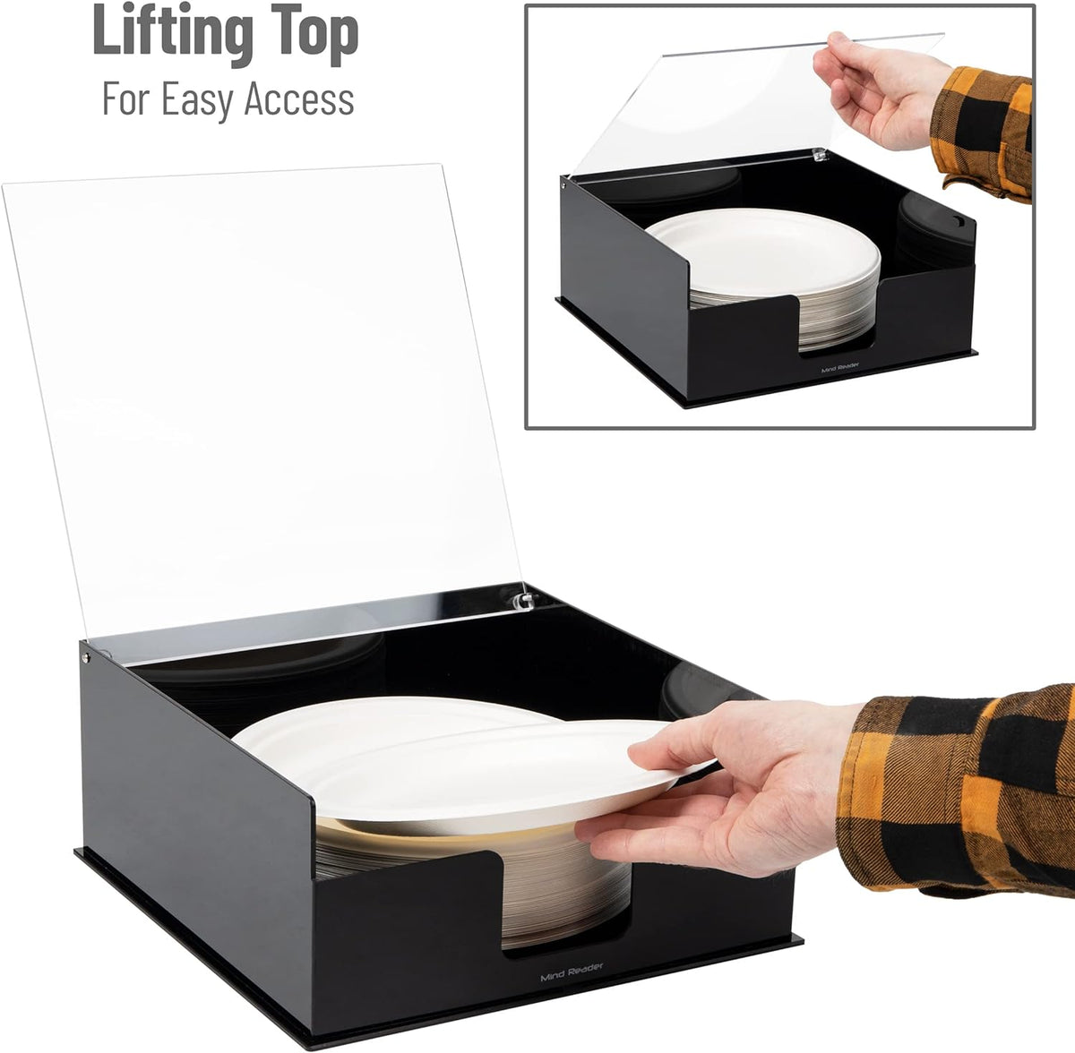 Mind Reader Paper Plate Holder, Covered Dispenser, Dinner Party Essentials, Plate Caddy, Acrylic, 11"L x 11"W x 5"H, Black