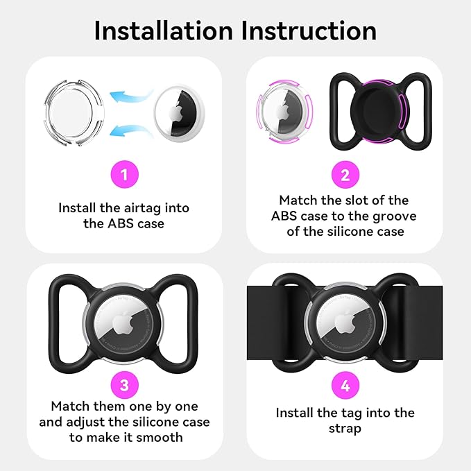Waterproof Airtag Dog Collar Holder, Silicone & ABS Airtag Holder for Dog & Cat Collars, Ultra-Durable, Lightweight and Protective Airtag Case (Black & Black, Large)