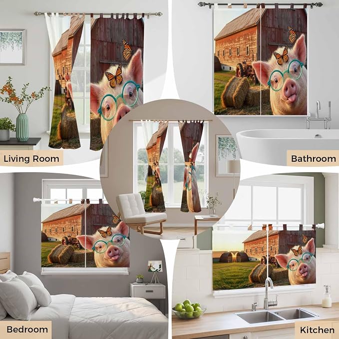 Farm Pig Kitchen Curtains 45 Inch Length, Short Cafe Window Curtains Tab Top