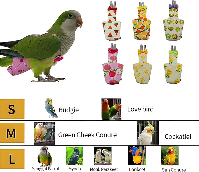 6PCS Washable Reusable Bird Diapers with Waterproof Lining & Adjustable Straps – Soft Parrot Diaper Clothes Costume Set for for Parakeets, for Budgies, for Mini Macaws (L)