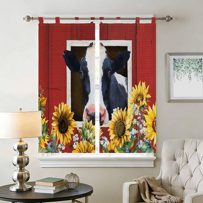 Cow Sunflowers Bedroom Curtains 72 Inch Length, Window Curtains Tab Top
