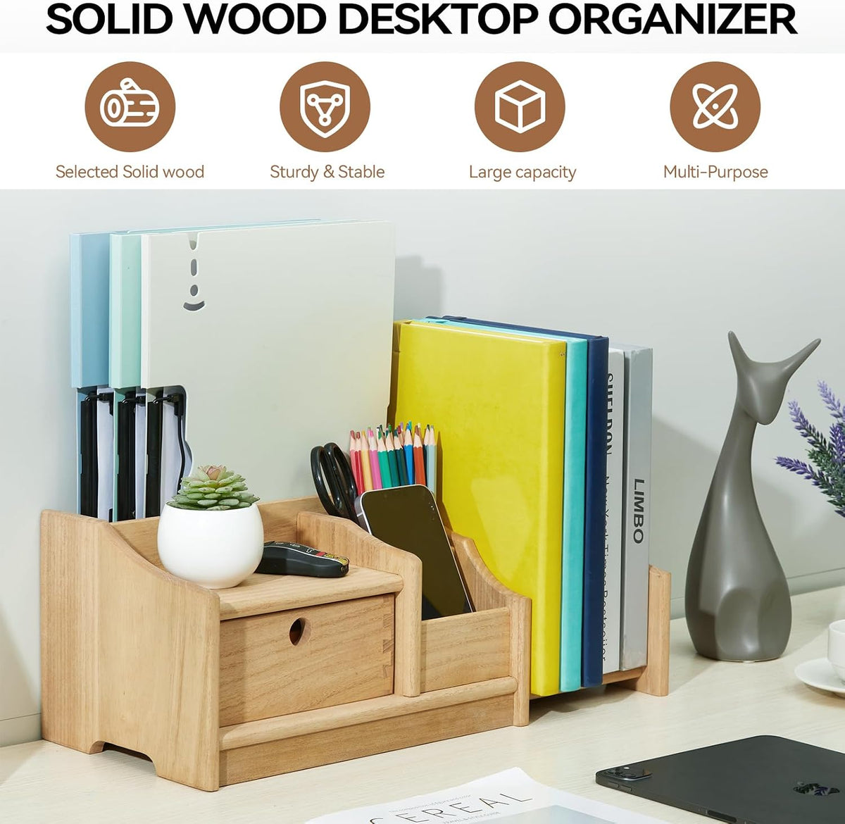 KIRIGEN Wood Desktop Bookshelf with Drawer, Expandable Desk Shelf, Natural