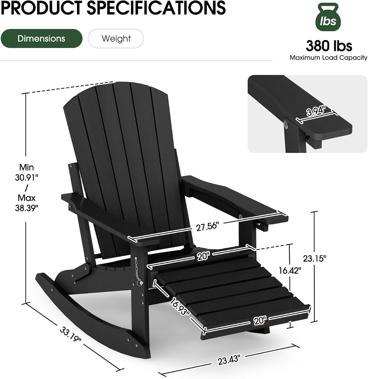 4-in-1 Rocking Adirondack Chair with Footrest, HDPE, Black