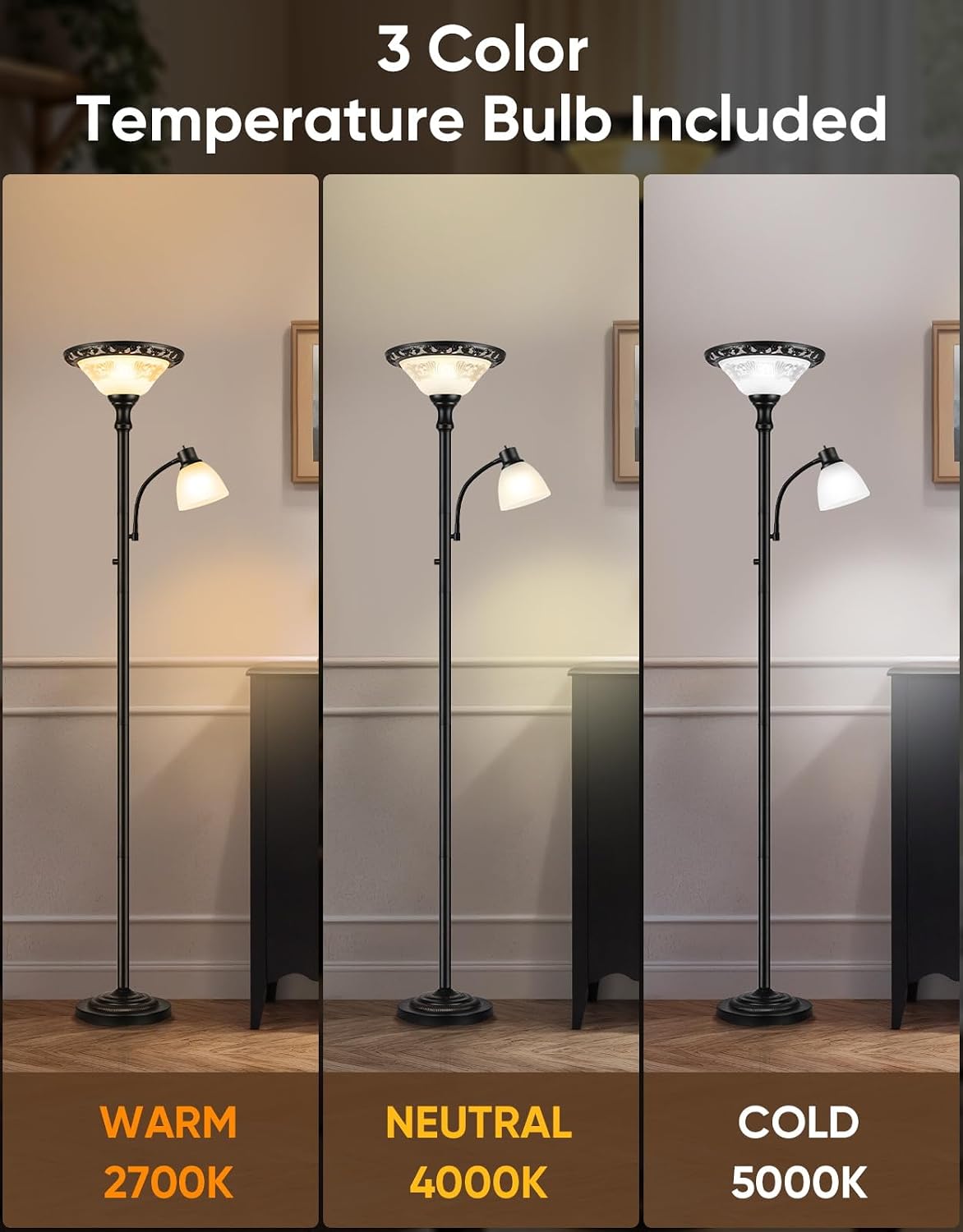 Torchiere Floor Lamps for Living Room, 71" Tall Standing Lamp with Thick Glass Shade, Metal Pole & Heavy Base, Vintage Corner Lamp with Reading Light Home Decor for Bedroom Office, 3CCT Bulb Included