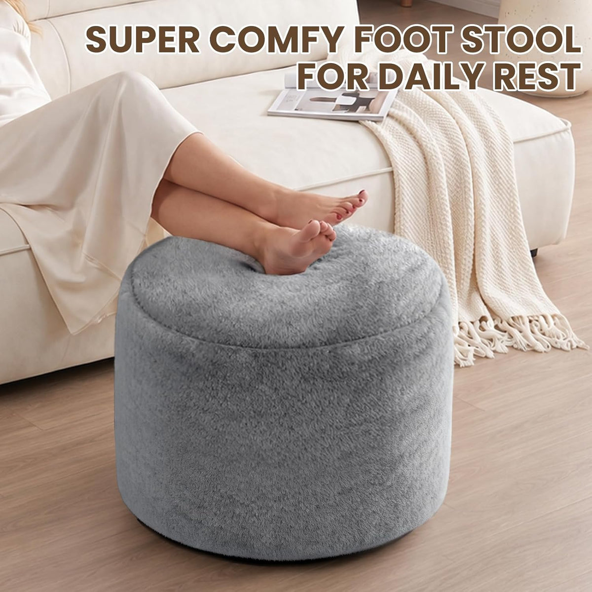 WSOFRLAC Round Pouf Ottoman, Gray Foot Stool Ottomans for Sofa, 20x15in