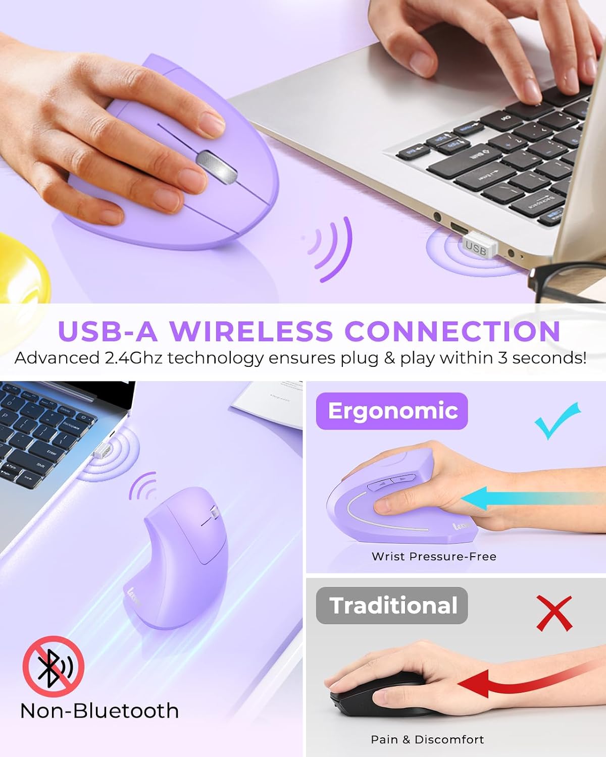 Lekvey Ergonomic Mouse, Rechargeable Wireless Vertical Mouse, Light Purple
