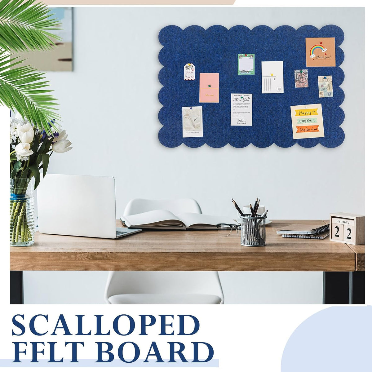 Mooliwe Scalloped Felt Bulletin Cork Board Foldable Dark Blue 36 x 24 Inch