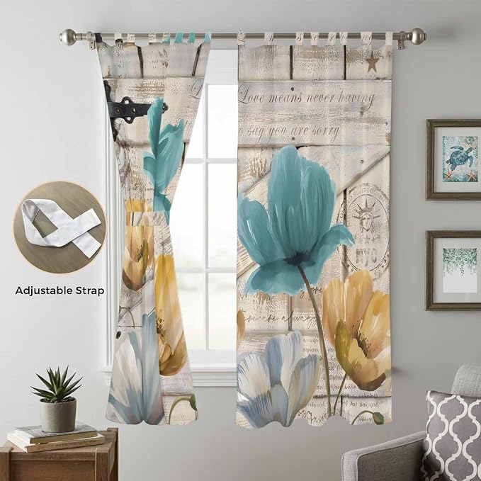 Watercolor Flowers Living Room Curtains 84 Inch Length, Window Curtains Tab Top