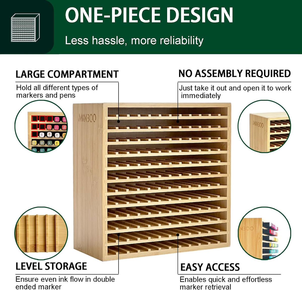 MinBoo Marker Organizer for 144 Markers, Bamboo Art Supply Storage Organizer Rack, Art Markers Pens Colored Pencils Paint Brushes Stationary Organizer Holder for Home Classroom Office Desk Decor