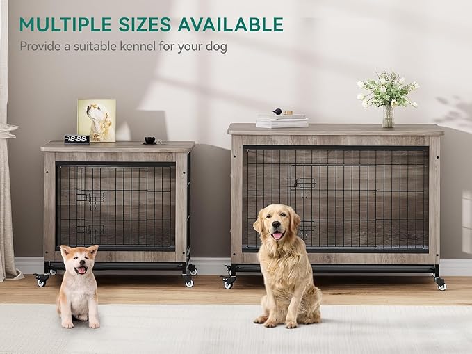 YITAHOME Dog Crate Furniture with Cushion, Dog Kennel Indoor with Wheels, Dogs Crate End Table with Tray, 27" Cage with Double Doors for Small Dogs (Gray)
