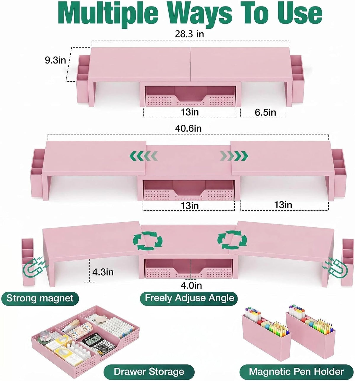 OPNICE Desk Organizer and Accessories, Computer Monitor Stand Riser with Drawer and 2 Pen Holders, Laptop Stand, Office Desk Accessories for Office Supplies, Pink